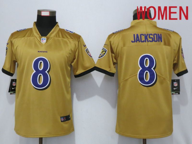 Women Baltimore Ravens #8 Jackson 2019 Vapor Untouchable Nike Gold Inverted Elite Playey NFL Jerseys